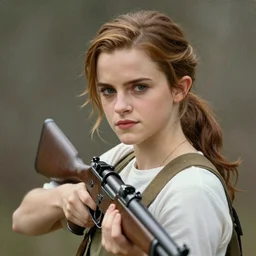 a stunning portrait painting of young Emma Watson, holding a rifle, extremely detailed, 4K
