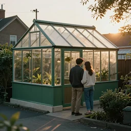 ! dream a couple, green house, quiet street, sunset lighting, rim light, hyper realistic, 1 0 5 mm, cinematic frame