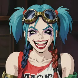 double long braids blue, brown steampunk metall welding goggles cat - eye, no makeup, tane skin, insane crazy laugh, harley quinn, portrait gapmoe yandere grimdark, trending on pixiv fanbox, painted by greg rutkowski makoto shinkai takashi takeuchi studio ghibli, akihiko yoshida