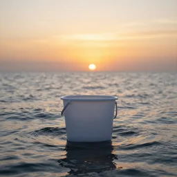 a single plastic bucket floating in an endless ocean at sunset