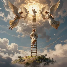 intricate details of jacob's dream in genesis, a ladder that stretched from earth to heaven on which angels were ascending and descending, hyper realistic, ultra detail, octane render,