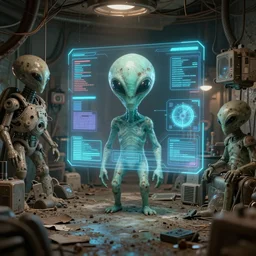 a dirty alien shop, futuristic, holographic, 8k, sharp focus, W-1024
