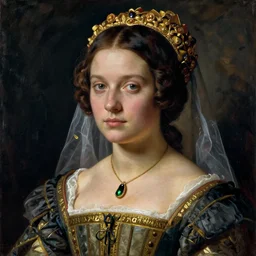 portrait of young woman in renaissance dress and renaissance headdress, art by egon schiele