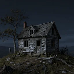 A singular rotting cottage on a mountaintop at night, by Hubert Robert, hyperrealistic, Blender 8k UHD