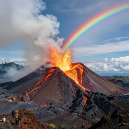 a rainbow over an erupting volcano, digital art, highly detailed, realistic, bright colors, 8 k