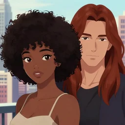 a beautiful woman with afro hair african american skin With a man with long reddish hair , dark brown hair and tan skin, dark brown eyes, city landscape, 4k, anime key visual, lois van baarle, ilya kuvshinov, rossdraws, artstation