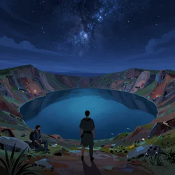 concept art by jama jurabaev and ismail inceoglu and sparth, cel shaded, cinematic shot, trending on artstation, high quality, brush stroke, vibrant colors, night under the starry sky, mysterious lake area of crater
