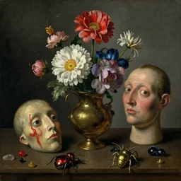 disturbing colorful oil painting dutch golden age vanitas still life with bizarre humanoid faces strange beautiful flowers complex metal objects shiny gooey surfaces shiny metal bizarre insects rachel ruysch dali todd schorr very detailed perfect composition rule of thirds masterpiece canon 5 0 mm, cinematic lighting, chiaroscuro