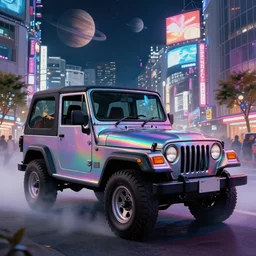 Itasha 1997 hardtop Jeep Wrangler, digital painting, beautiful iridescent fog swallows urban Shibuya, planets can be seen in the sky above, beautiful, neon night, cinematic, extraordinary, colorful, photorealistic, dark, atmospheric, ultra realistic, insanely detailed, lights and shadows