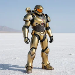 samus aran metroid wearing halo spartan mjolnir mark 6 armor standing on salt flats, video game, concept art, metroid, halo infinite, good value control, vibrant colors, yellow and orange color scheme