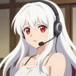 anime film still portrait of a japanese young woman, large, red eyes, long white hair wearing a headset in her room interior, detailed facial features, dynamic pose, cute face by ilya kuvshinov makoto shinkai takashi takeuchi masakazu katsura anime poster, rimlight, cel shaded, 4 k