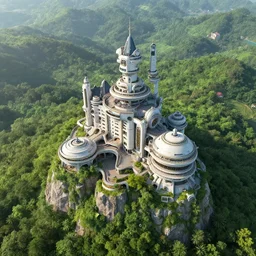 retro futuristic castle structure built into a giant mountain, lush green landscape, drone shot, wide angle landscape, photogaphy, intricate detail, awe inspiring, 8 0 mm film, vibrant colors, cinematographic