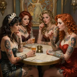 tattooed pinup girls sitting at table playing dnd, deep focus, d & d, fantasy, intricate, elegant, highly detailed, digital painting, artstation, concept art, matte, sharp focus, illustration, hearthstone, art by artgerm and greg rutkowski and alphonse mucha.