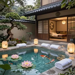 art deco private onsen next to japanese inn by greg rutkowski craig mullins mucha ross tran towels cozy hot springs bonsai [ levitating lanterns ] japanese motifs floating lotus and koi, clear focus fantasy d & d cinematic lighting unreal engine lumen trending on artstation