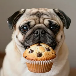 the face of a pug blended into a chocolate chip muffin