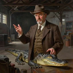 a painting of a alligator dressed as an old timey detective explaining his theory inside a dimly lit warehouse