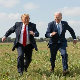 A highly detailed photorealistic full portrait of Donald Trump and Joe Biden chasing and frolicking in the field by Simon Stalenhag and Thomas Kinkaid, Octane render, trending on cgsociety, HDR, 8K I cant believe how accurate this is