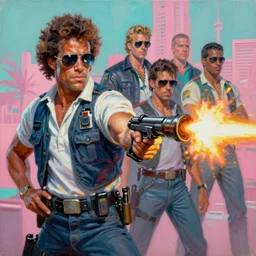an oil painting of crockett and tubbs, eighties miami vice, ultra realistic, highly detailed, brushstrokes, masterpiece, muzzle flash cinematic by frank frazetta, greg rutkowski, beeple, yoko taro, christian macnevin, beeple, wlop, krenz cushart, epic fantasy character art, volumetric lighting, cgsociety, pink and teal