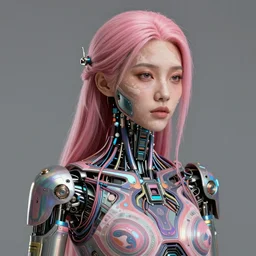 portrait of a beautiful mongolian woman that has vitiligo with pink hair as a cyberpunk cyborg half robot, revealing wires and electronics, hooked - up, sci - fi, missing panels, intricate abstract upper body intricate artwork, concept art, octane render, deviantart, cinematic, key art, hyperrealism, iridescent accents, portrait photograph, nikon 3 5 mm, photograph by greg rutkowski