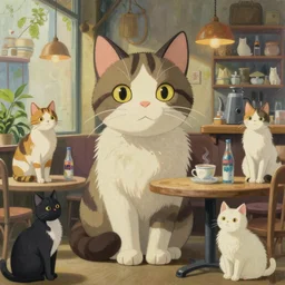 a mixed media closeup portrait painting of a cat in an aesthetic cat - themed cafe, cats everywhere, minimalist, by studio ghibli, thomas kinkade, greg rutkowski, beeple, yoko taro, christian macnevin, beeple, wlop and krenz cushart, epic fantasy character art, volumetric outdoor lighting, midday, high fantasy, cgsociety, cheerful colours, full length, exquisite detail, post - processing, masterpiece, cinematic