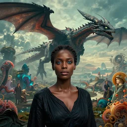 realistic detailed photorealistic film portrait shot of a beautiful black woman with, sci-fi landscape with a drogon on background by Denis Villeneuve, Amano, Yves Tanguy, Alphonse Mucha, Ernst Haeckel, Andrei Tarkovsky, Edward Robert Hughes, Roger Dean, rich moody colours, wide angle, blue eyes