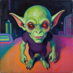 goblin, painted by Danny Flynn and Kevin Wasden,trending on artstation, simple lighting camera view from above,Eraserhead ,vaporwave ,60s kitsch and psychedelia ,oil and canvas ,Blade Runner 2049 ,