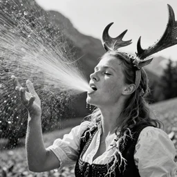 analog photographic portrait with 5 0 mm lens and f / 1 2. 0 of a tyrolean farmer with antlers on head and root dress with her eyes closed and spurting from her mouth a white viscous fluid floating in the air. with a slight variation of light in the liquid and gesture.