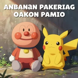 Photo, Anpanman sitting next to Pikachu