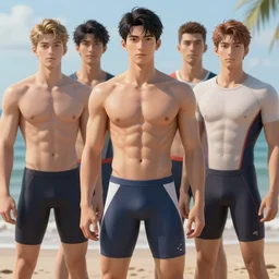 anime digital fit young man in stylized full swim gear ruan jia, craig mullins, sakimi, ilya kuvshinov, best selling expert art, global illumination volumetric lighting, realistic shading, highly detailed