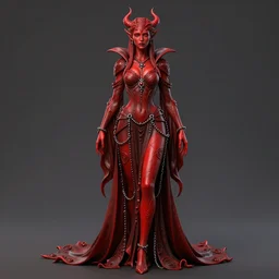 full length complex 3 d hyper realistic smooth ultra sharp render of a gorgeous!! chained red skin robed princess demoness sorceress woman | beatiful demon girl | d & d, medieval, fantasy | intricate, high quality | art by oh jinwook + 吵 集 仁 儿 on artstaion + takeshi obata + alphonse mucha + wlop + artgerm