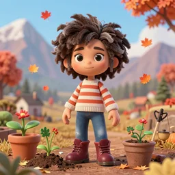 a very cool and cute stopmotion animation character, a beautiful canadian woman, gardening, very attractive, spiky dark brown and grey hair, striped sweater, tight denim jeans, maroon doc marten boots, canadian maple leaves blowing about, mountains, autumn, unreal engine 5, 8 k, kubo and the two strings, disney, pixar,