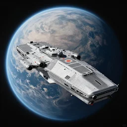 a highly detailed elite dangerous fleet carrier flying by a beautiful planet, 4 k, octane render, ray - traced, photorealistic, nasa photography, sharp