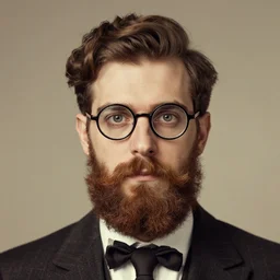 A vintage portrait of an attractive bearded brown-haired man with three eyes wearing glasses