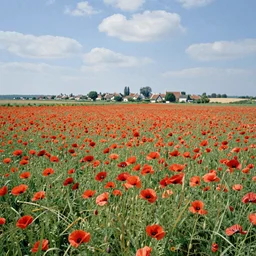 A vast field of poppy flowers under a blue sky by Monet, village in distance