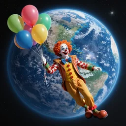 A clown and balloons floating in space, planet Earth in the background, inspiring, epic, cinematic, award-winning, highly-detailed