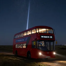 a london bus in the serengeti, illuminated by a meteor shower