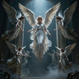 angels falling through the gates of heaven, by Sung Choi, 8k photorealistic, cinematic lighting, HD, high details, dramatic, dark atmosphere, trending on artstation