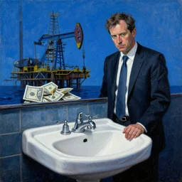 high quality painting featuring a disgraced oil and gas ceo and a bathroom sink mystery, mystery of the giant sink, oil rig and money in background, by greg rutkowski, blue, black and white colour scheme, textured grunge aesthetic