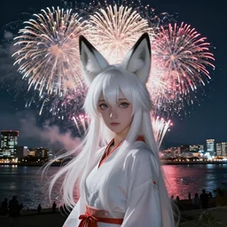 firework festival at riverbank, white hair goddess with white fox ears, by kyoto animation, insanely detailed. instagram photo, kodak portra. by wlop, ilya kuvshinov, krenz cushart, greg rutkowski, pixiv. zbrush sculpt, octane, maya, houdini, vfx. huge cityscape. cinematic dramatic atmosphere, sharp focus, volumetric lighting