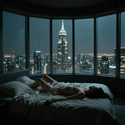 a woman lays scantily clad in bed, the room is dark with large windows. The room is high up in a mega sky scrapper. Sci fi, highly detailed, in the style of Kilian Eng and Syd Mead