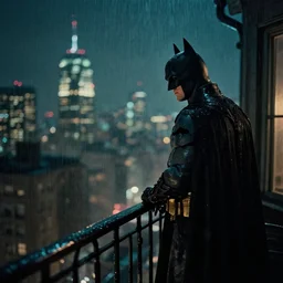 batman overlooking a city, night, on a balcony, retro sodium vapor lighting, rainy, moody, cinematic, shot on film, highly detailed, hdr _ n 4