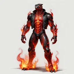 Character design body made of fire, body with black and red lava, Lizardman Art, muscular male body, mecha humanoid with cyberpunk bomber jacket,  concept art character, royalty, smooth, sharp focus, organic, deep shadows, sketch line art for character design