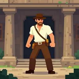 indiana jones in a temple, artstation, pixel art