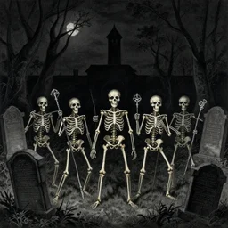 satanic skeleton gang emerge from the cemetery on a dark night by zdzisław beksinski and gustave dore and alphonse mucha