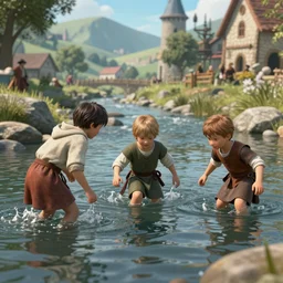“medieval kids playing in the river, unreal engine, focus, utra detailed”