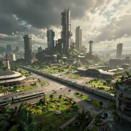 lost beautiful overgrown city futuristic fantasy mixed with polluted industrial city airport and train station