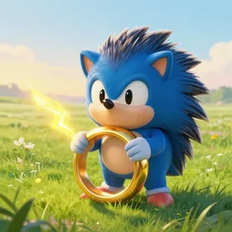 a cute face blue hedgehog holds a large gold ring with lightning, beautiful grassland, early morning hours, long shadows, extremely detailed, fantasy painting, by jean - baptiste monge!!!!