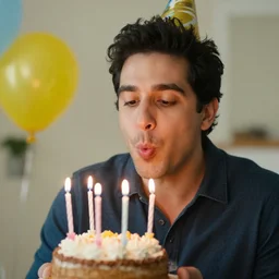 a half german half spanish man happily blowing birthday candles