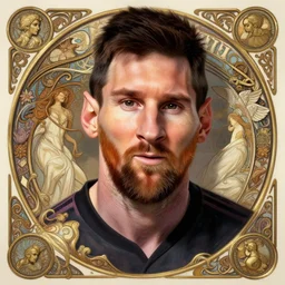 Messi with a majestic beard, D&D, fantasy, intricate, elegant, highly detailed, digital painting, artstation, concept art, matte, sharp focus, illustration, art by Artgerm and Greg Rutkowski and Alphonse Mucha