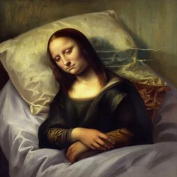 digital painting of an anxious sleepless Monalisa girl on bed having a nightmare, by leonardo da vinci